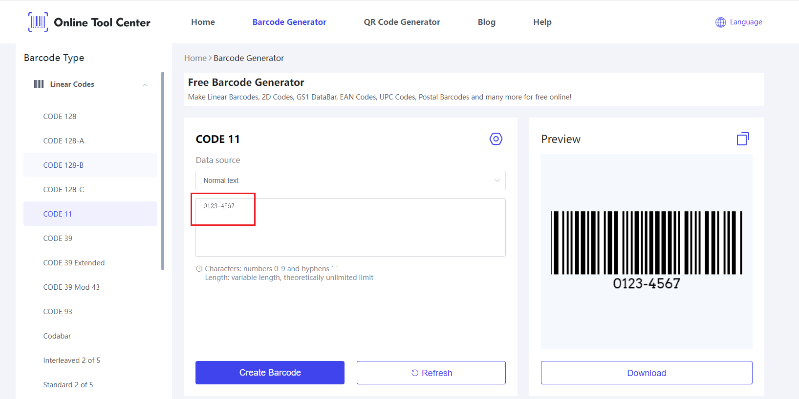 Input data sa Code 11 Barcode Generator.png